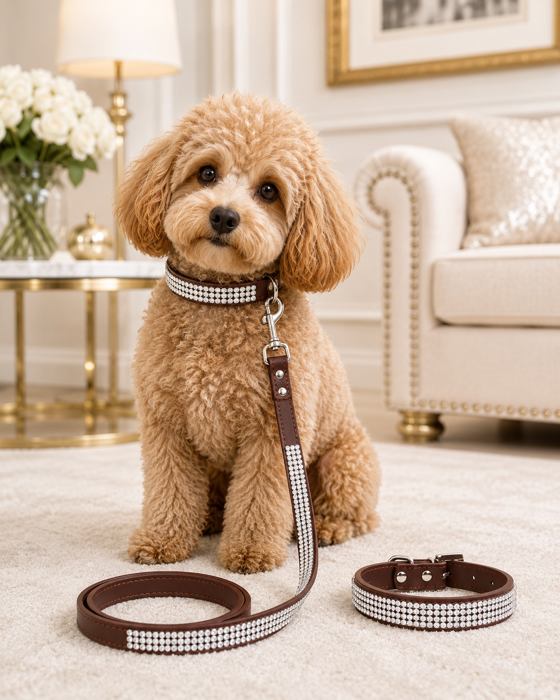 Rhinestone PU Leather Dog Collar & Leash Set – Bling Diamond Walking Lead for Small & Medium Dogs