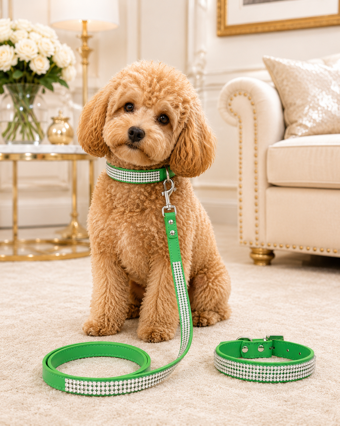 Rhinestone PU Leather Dog Collar & Leash Set – Bling Diamond Walking Lead for Small & Medium Dogs
