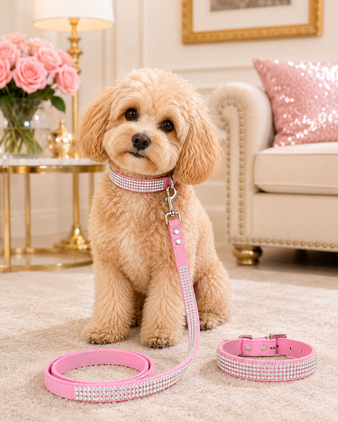 Rhinestone PU Leather Dog Collar & Leash Set – Bling Diamond Walking Lead for Small & Medium Dogs