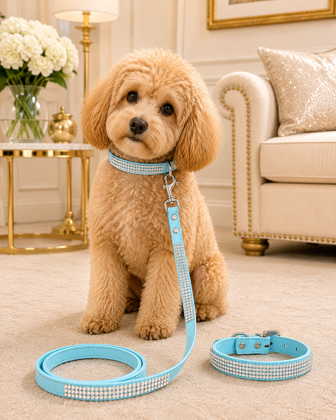Rhinestone PU Leather Dog Collar & Leash Set – Bling Diamond Walking Lead for Small & Medium Dogs