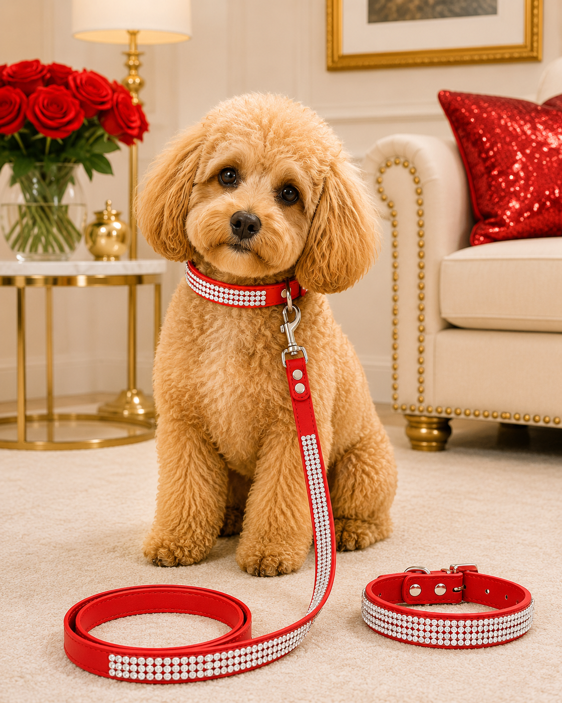 Rhinestone PU Leather Dog Collar & Leash Set – Bling Diamond Walking Lead for Small & Medium Dogs