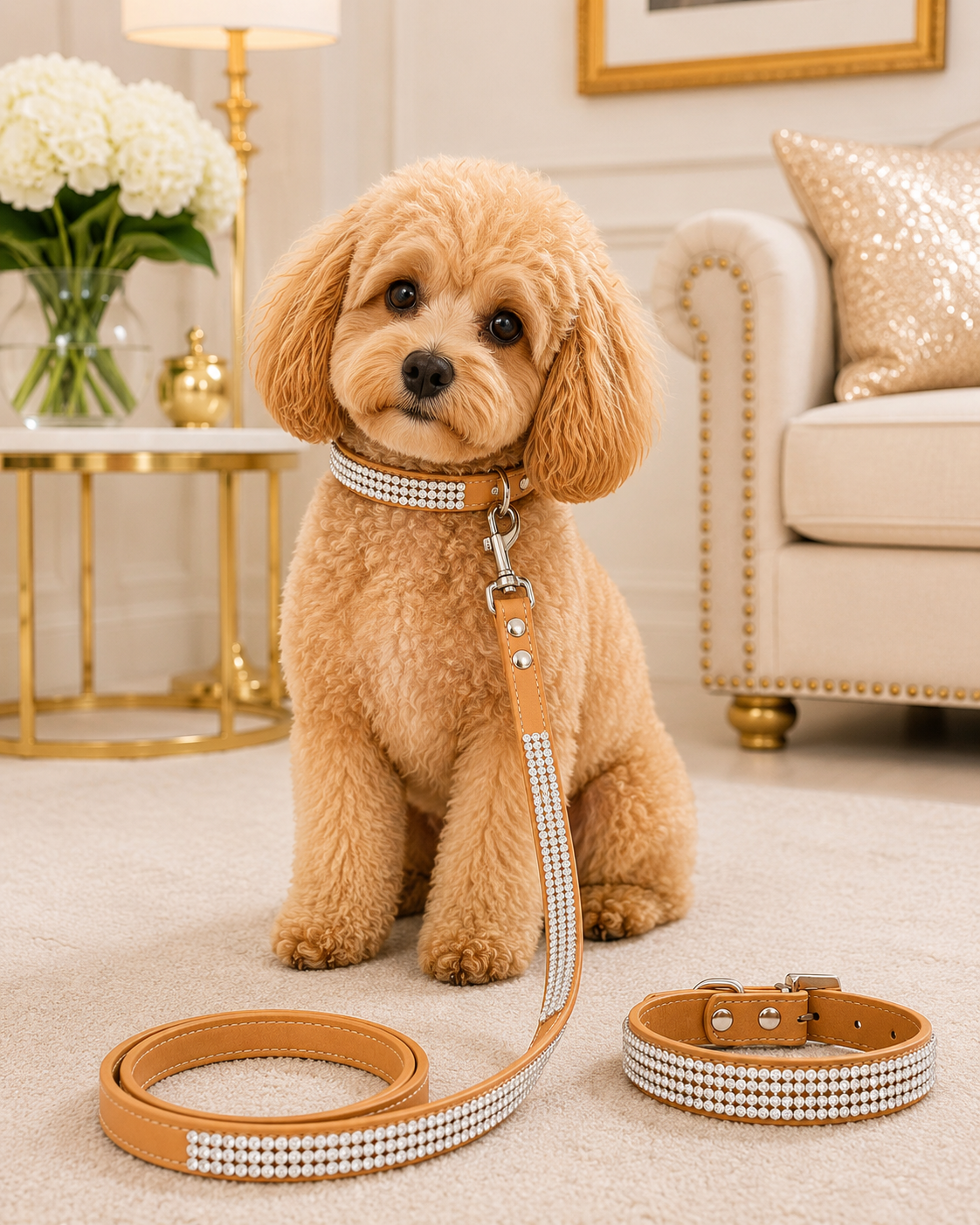 Rhinestone PU Leather Dog Collar & Leash Set – Bling Diamond Walking Lead for Small & Medium Dogs