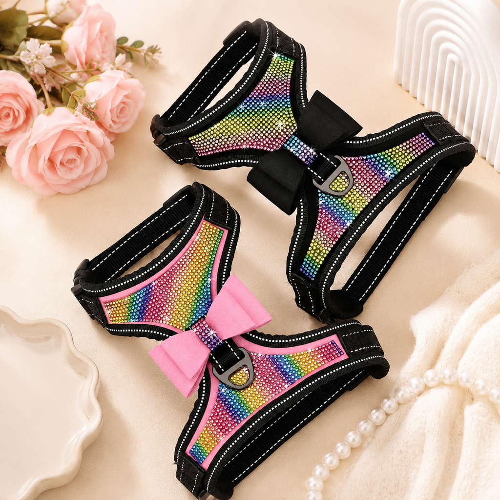 Rhinestone Bling Dog Harness with Bowknot – Reflective Nylon Vest for Small & Medium Dogs
