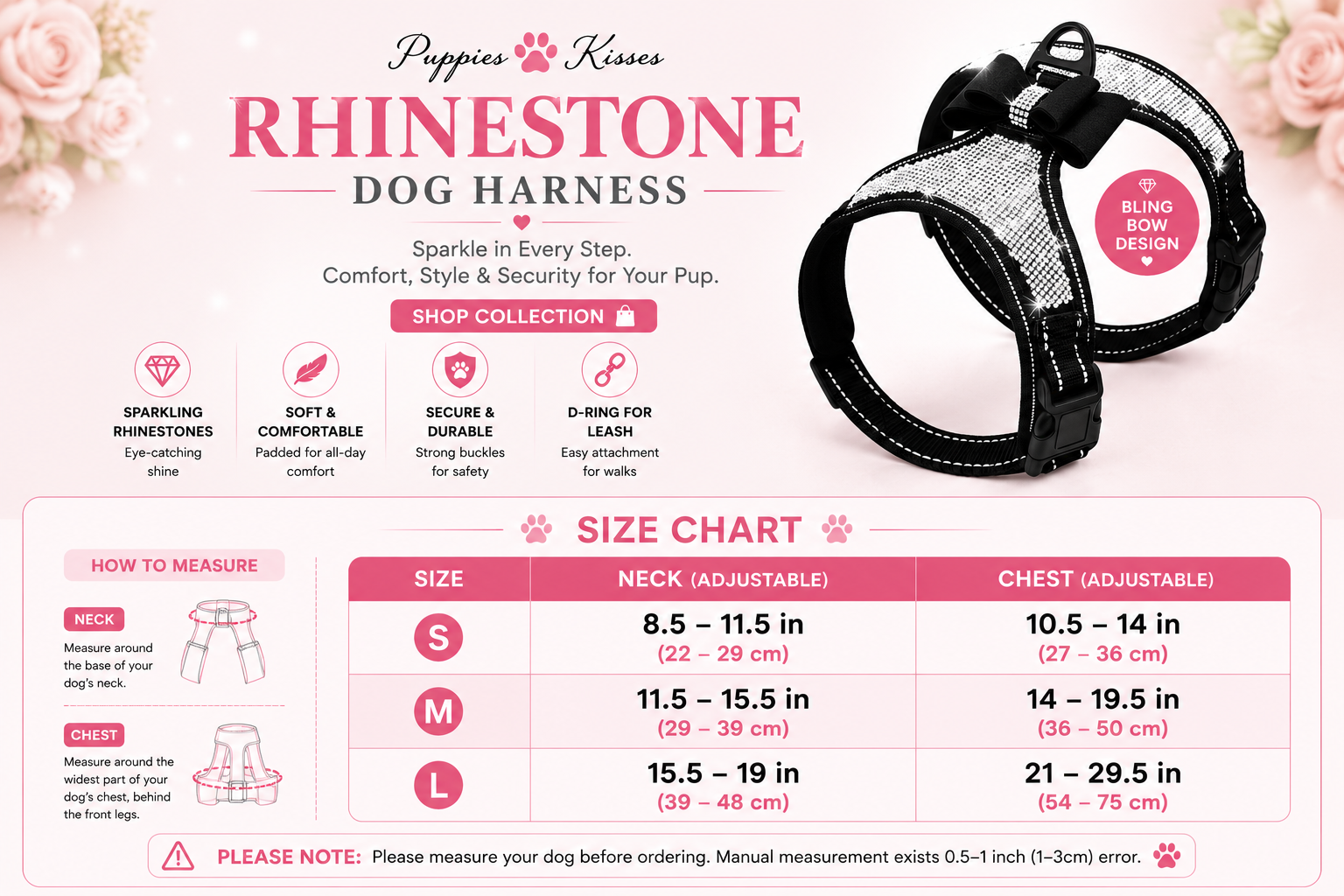 Rhinestone Bling Dog Harness with Bowknot – Reflective Nylon Vest for Small & Medium Dogs