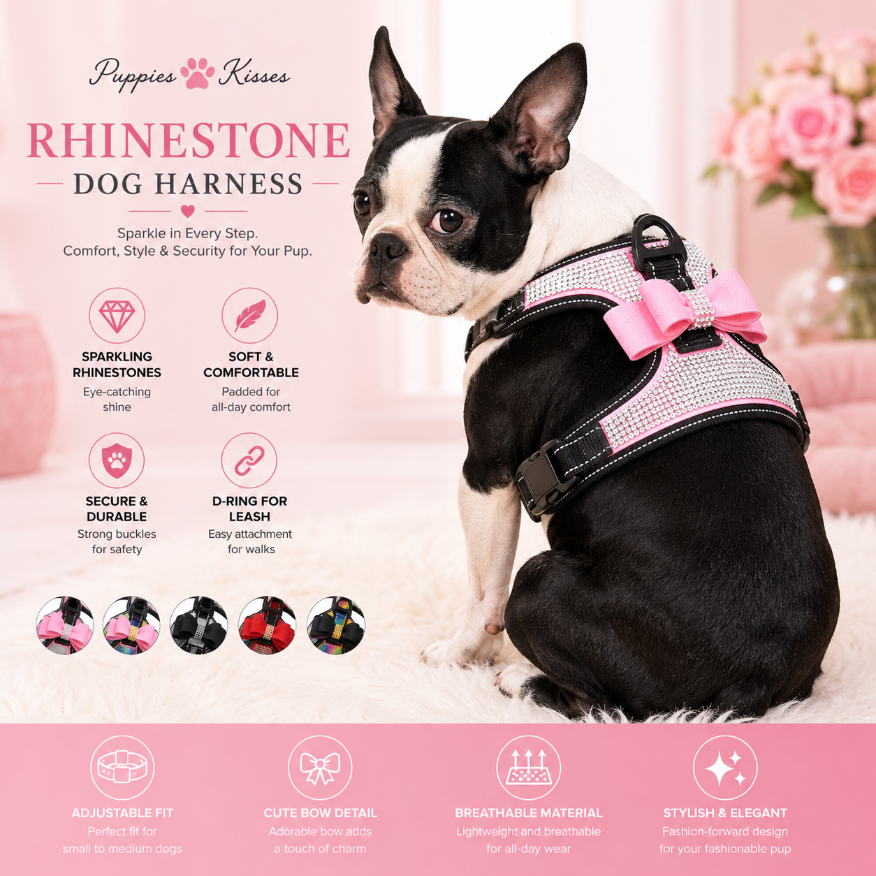 Rhinestone Bling Dog Harness with Bowknot – Reflective Nylon Vest for Small & Medium Dogs
