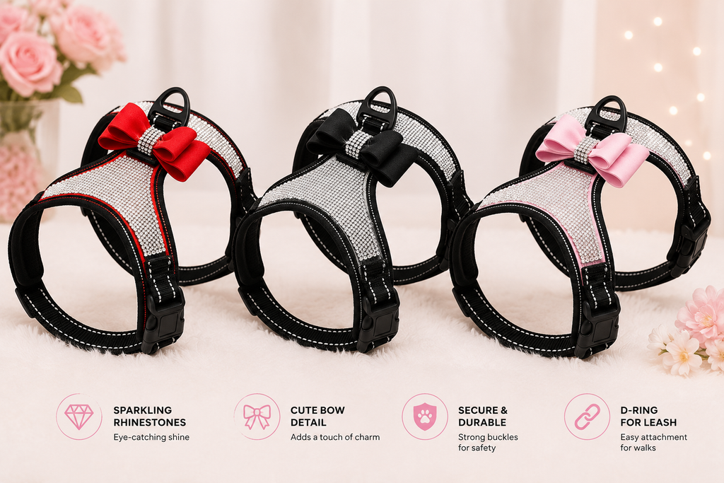 Rhinestone Bling Dog Harness with Bowknot – Reflective Nylon Vest for Small & Medium Dogs