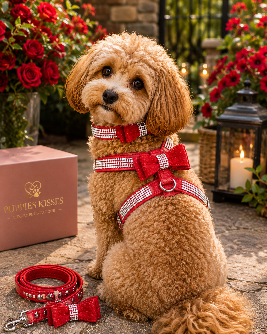 Dog wearing a red harness and leash with flowers and a box in the background