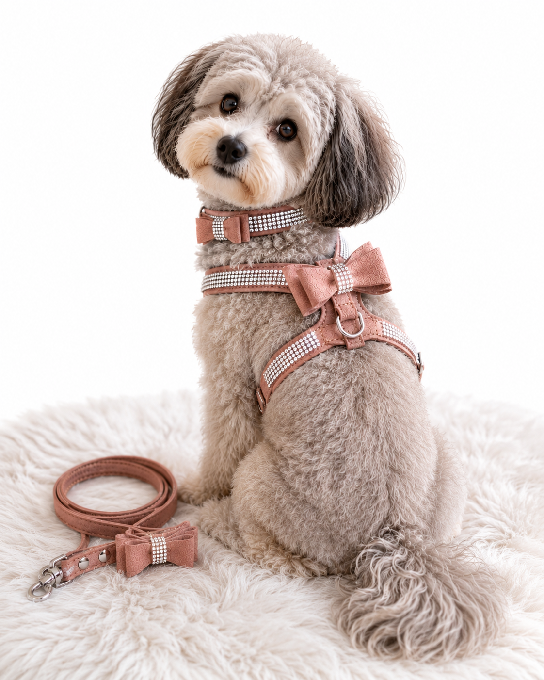 Dog wearing a rhinestone harness and leash set on a white background