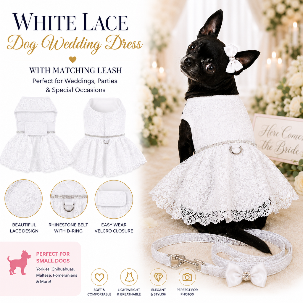 Dog wearing a white lace wedding dress with matching leash, surrounded by floral decorations.