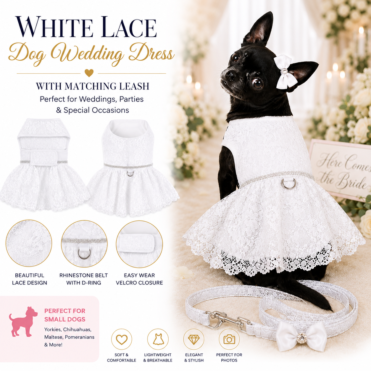 Dog wearing a white lace wedding dress with matching leash, surrounded by floral decorations.