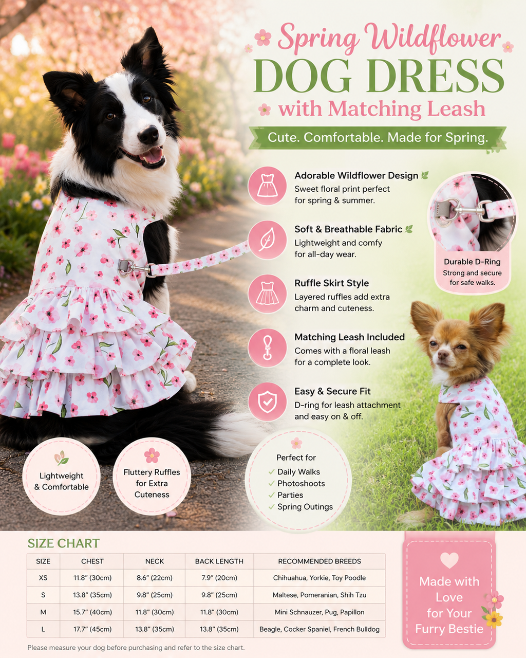 Spring Wildflower Dog Dress with Matching Leash