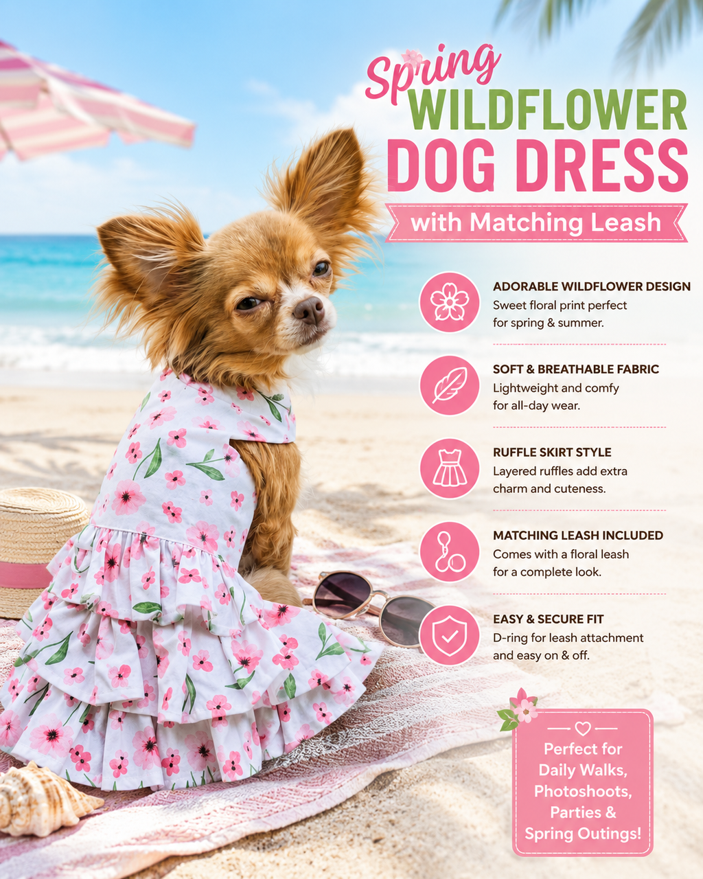Spring Wildflower Dog Dress with Matching Leash