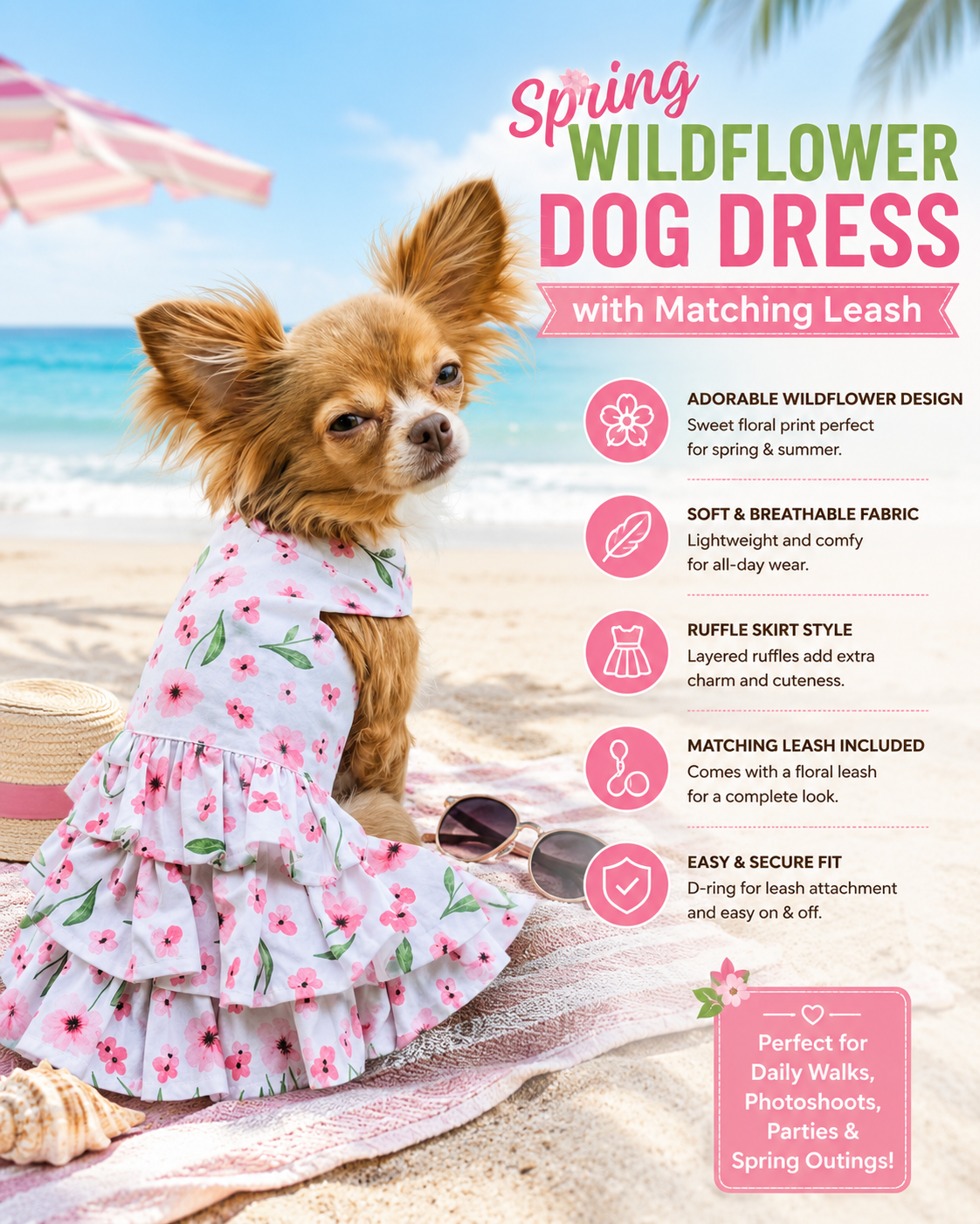 Spring Wildflower Dog Dress with Matching Leash