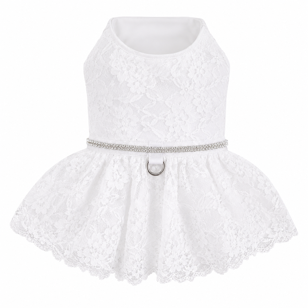White lace dress with a belt on a white background
