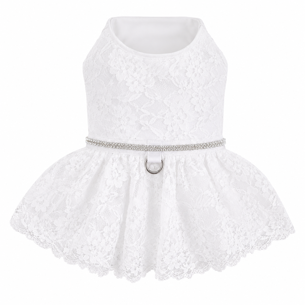 White lace dress with a belt on a white background