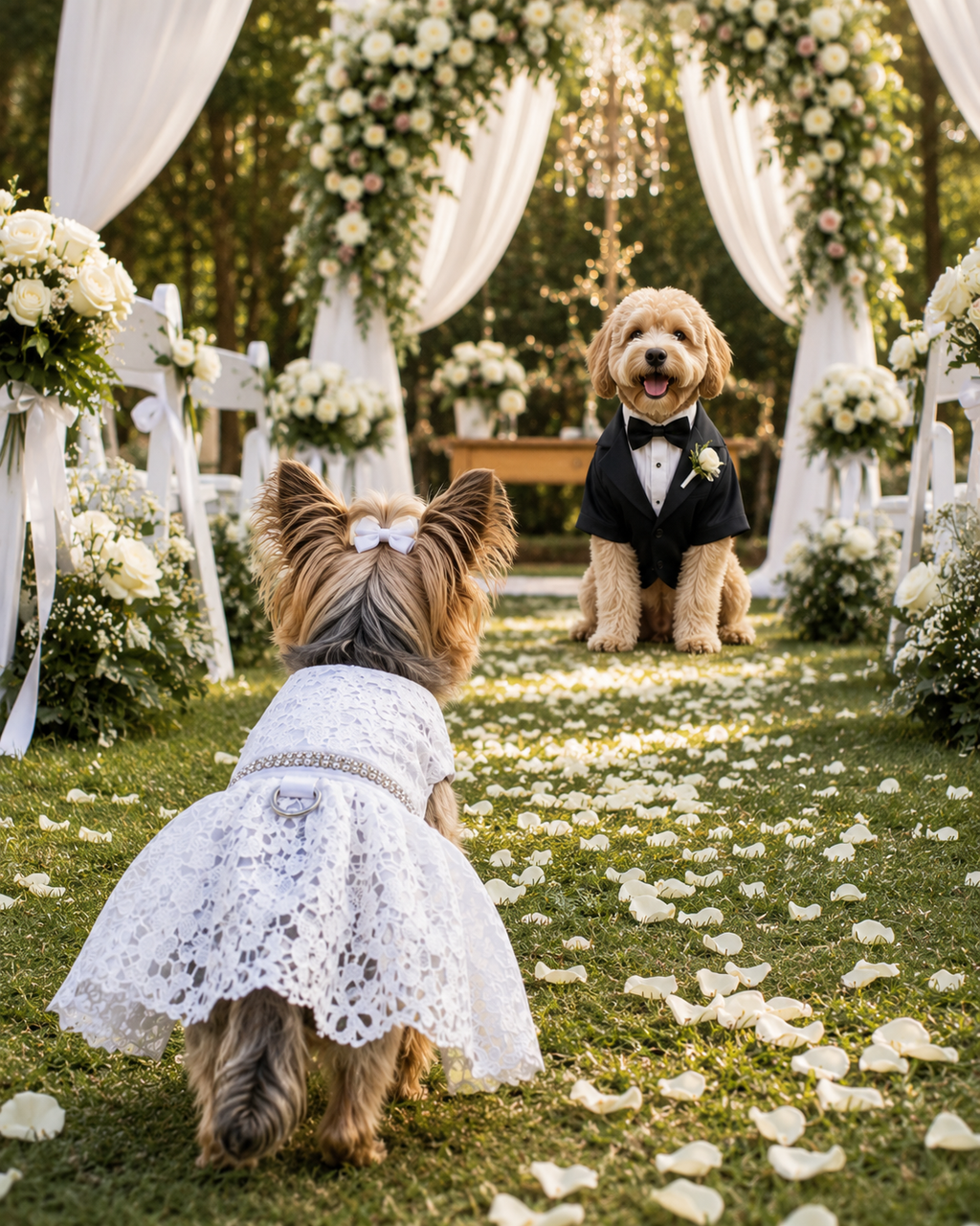 Two dogs, one in a white dress and the other in a tuxedo, standing on a decorated wedding pathway with flowers and white drapes.