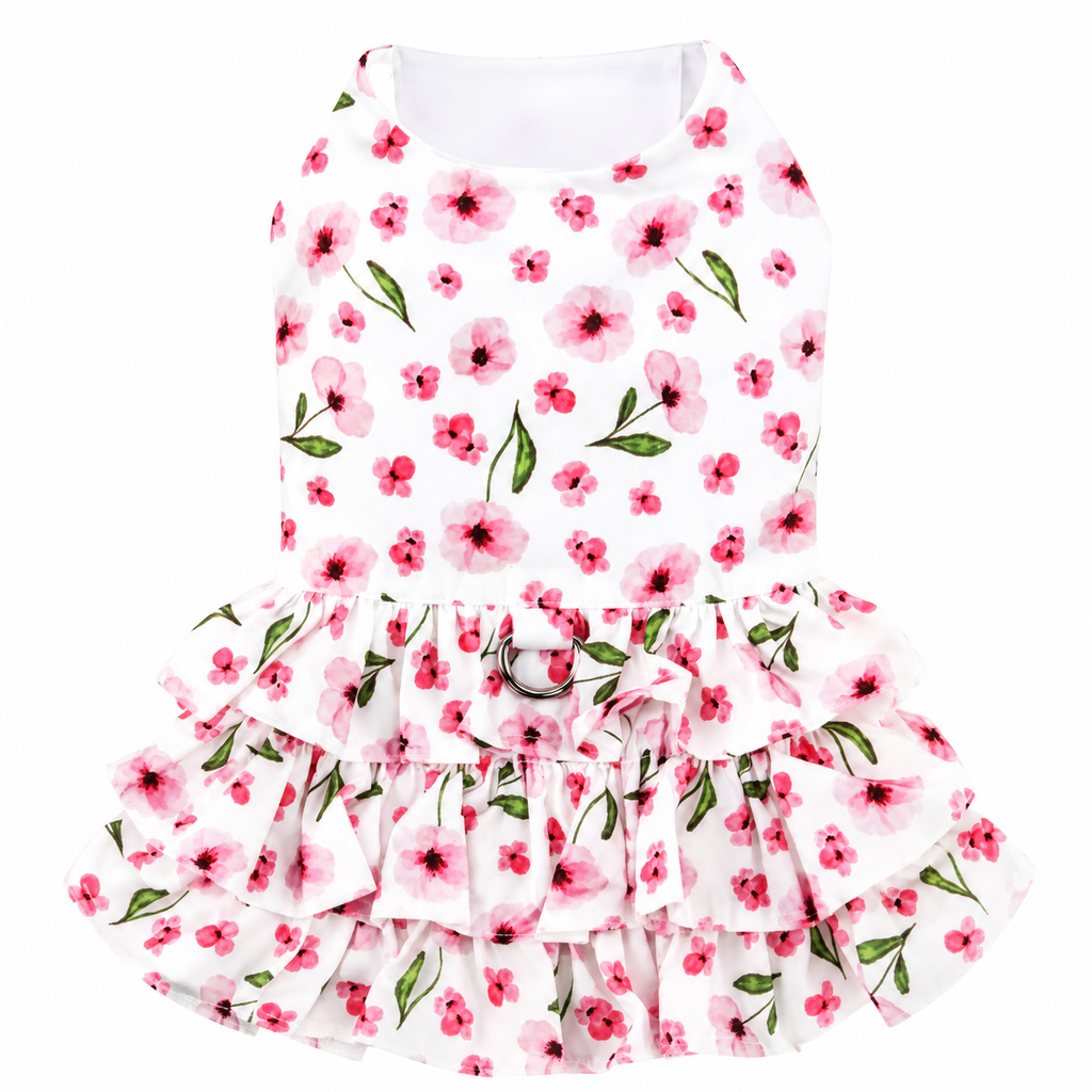 Dress with pink floral pattern on a white background