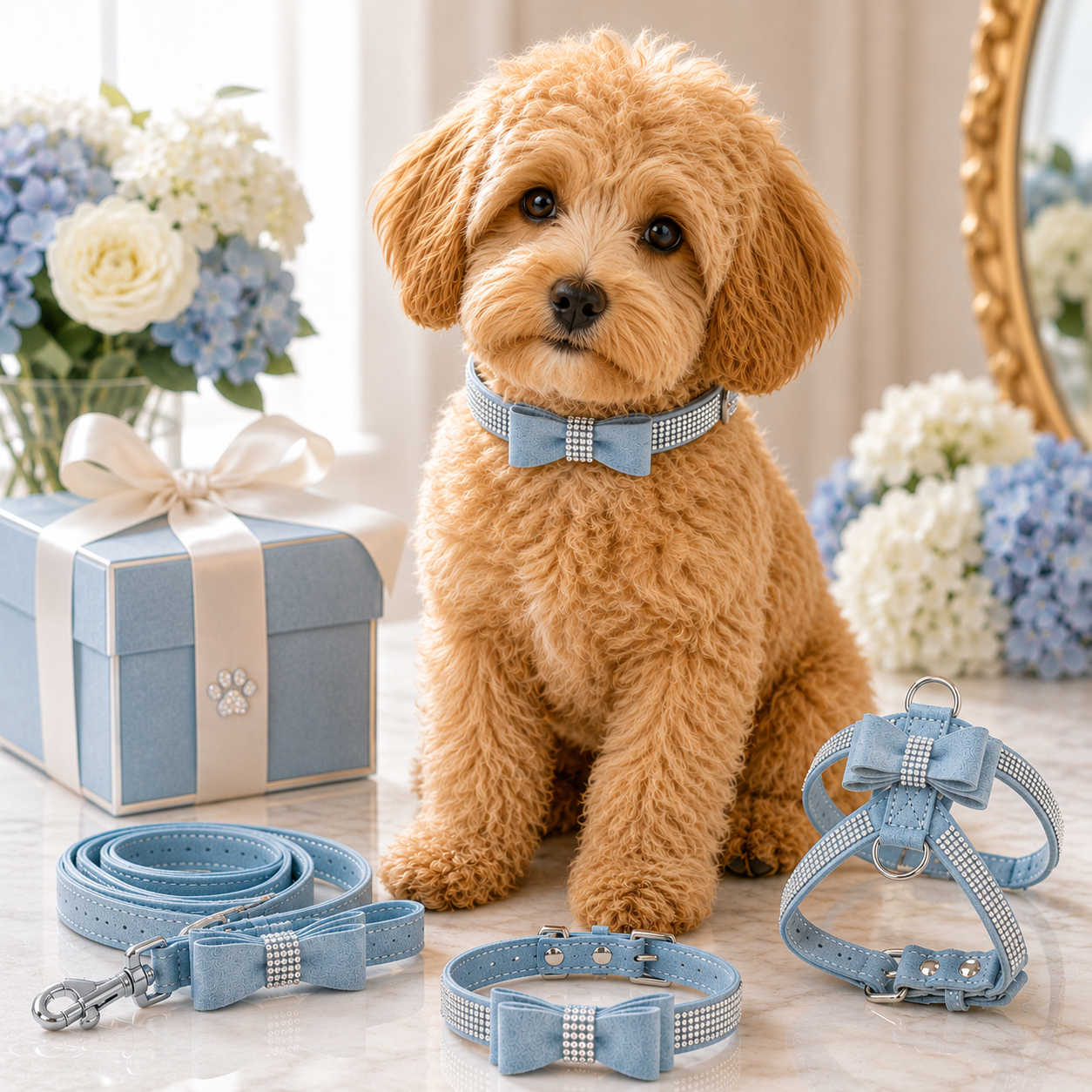 PRE-ORDER - Bling Rhinestone Bow Dog Harness Collar Leash Set