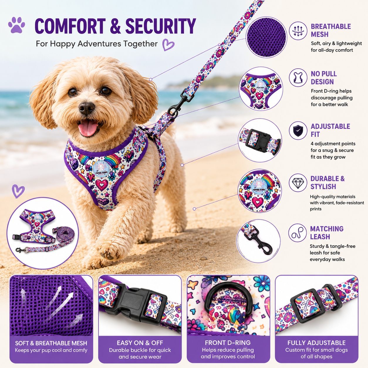 No-Pull Step-In Dog Harness & Leash Set – Pink Galaxy
