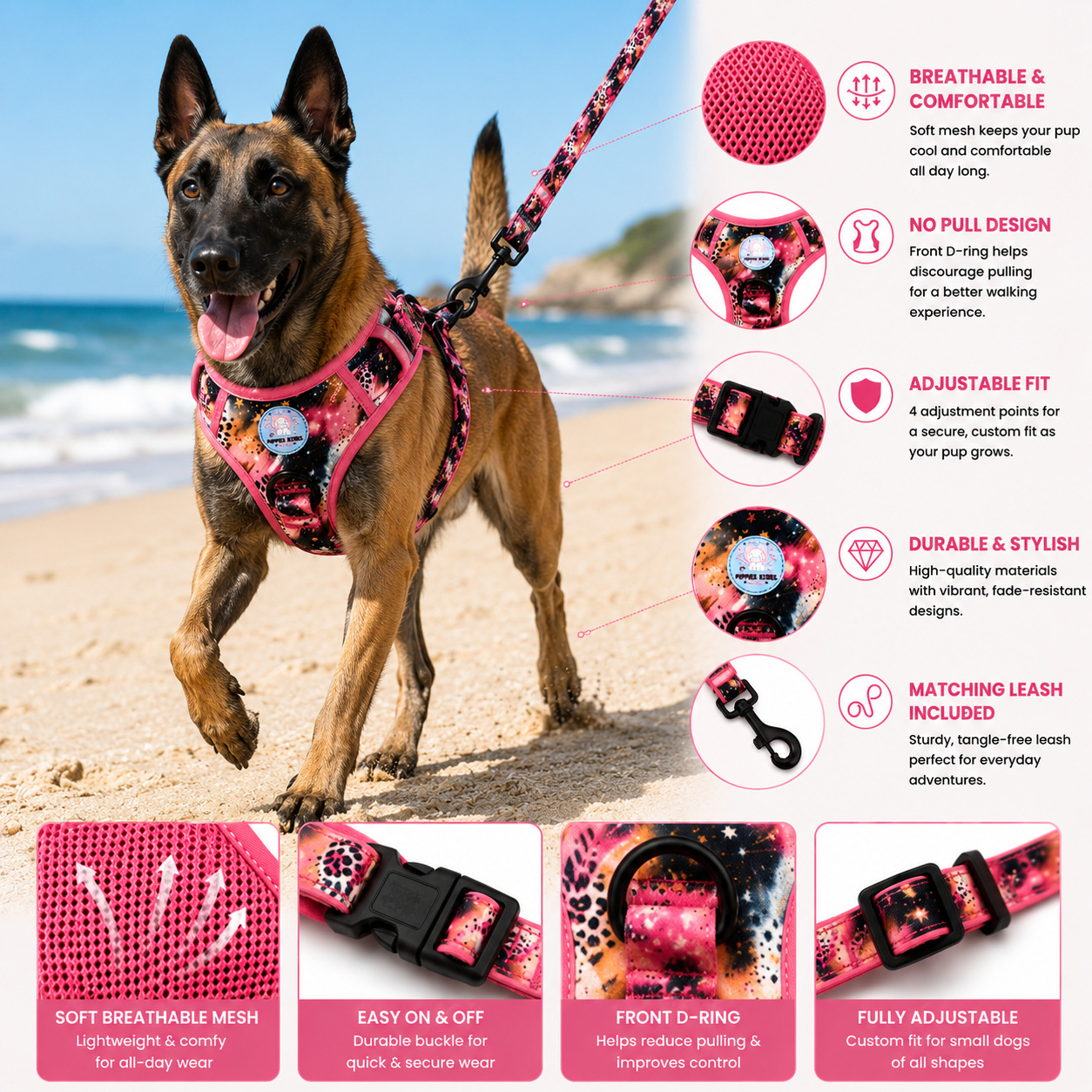 No-Pull Step-In Dog Harness & Leash Set – Pink Galaxy
