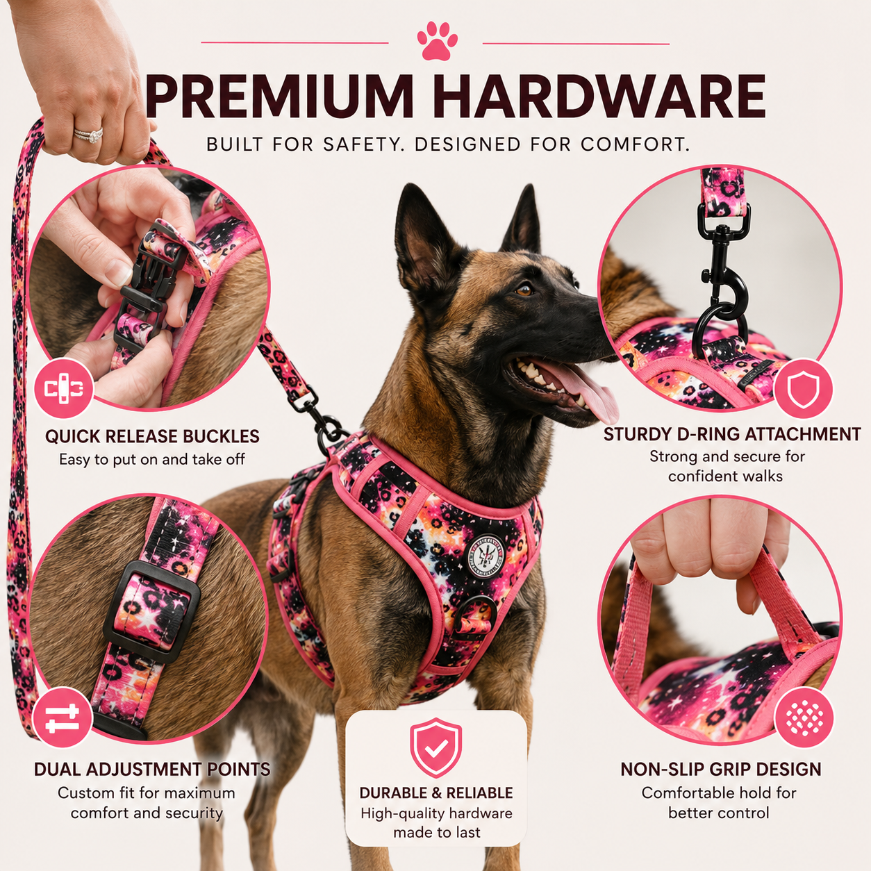 No-Pull Step-In Dog Harness & Leash Set – Pink Galaxy