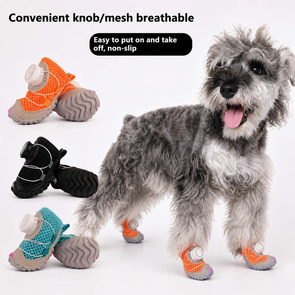 Dog wearing colorful shoes with text about convenience and comfort on a white background