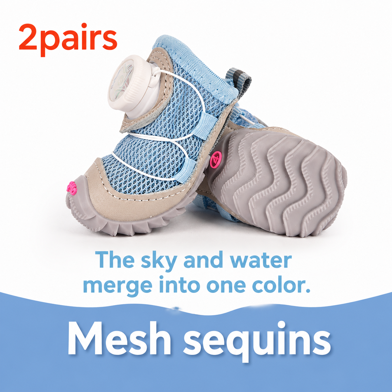 Pair of dog shoes with mesh sequins and text describing color blend and product features.