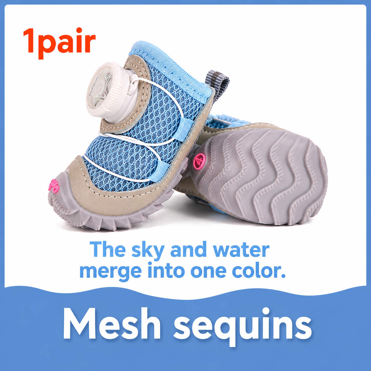 Pet shoes with mesh sequins design on a blue and white background