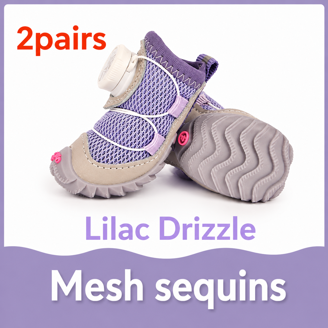 Pair of lilac and beige pet's shoes with mesh sequins on a white background