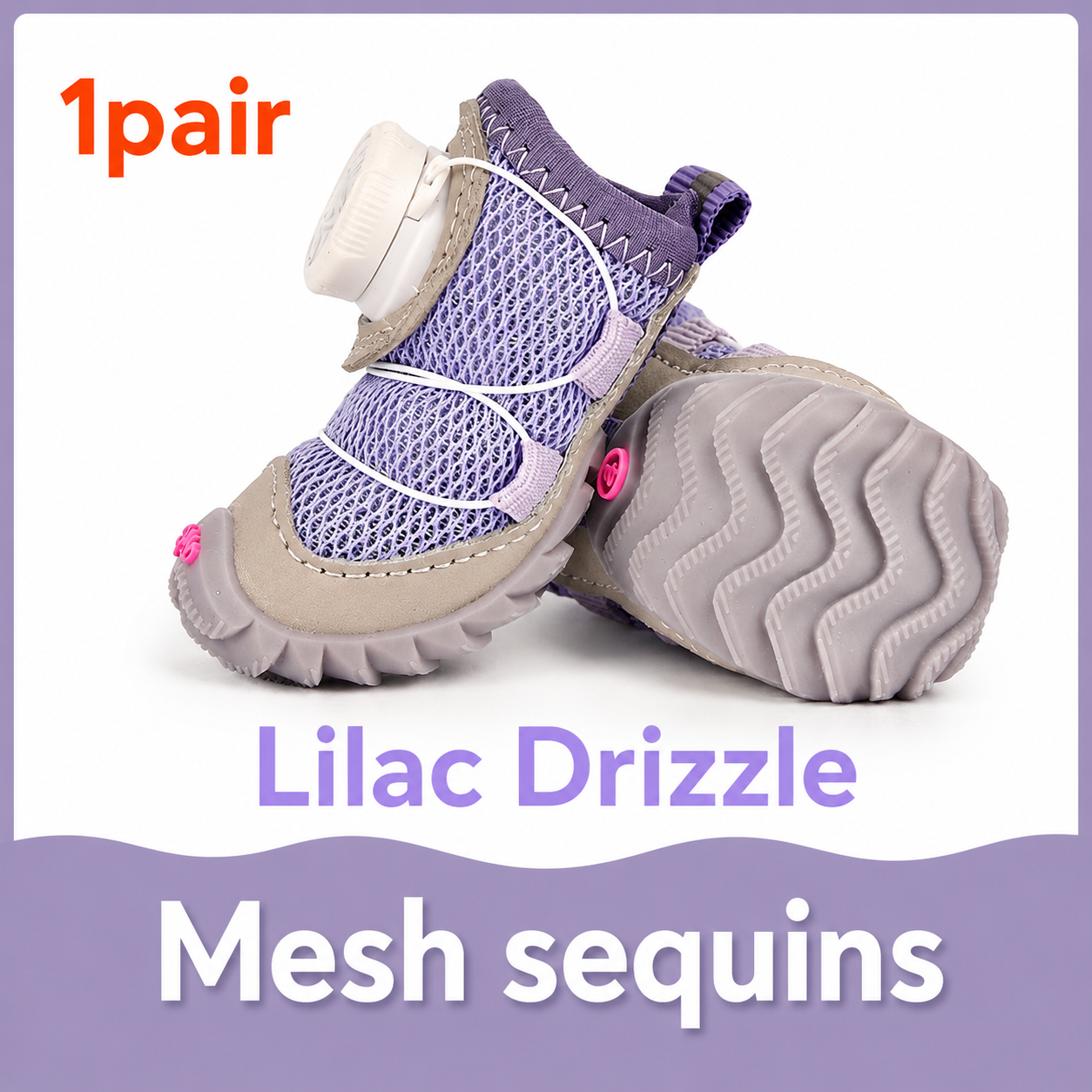 Pair of pet shoes with mesh sequins in lilac drizzle color on a light purple background.