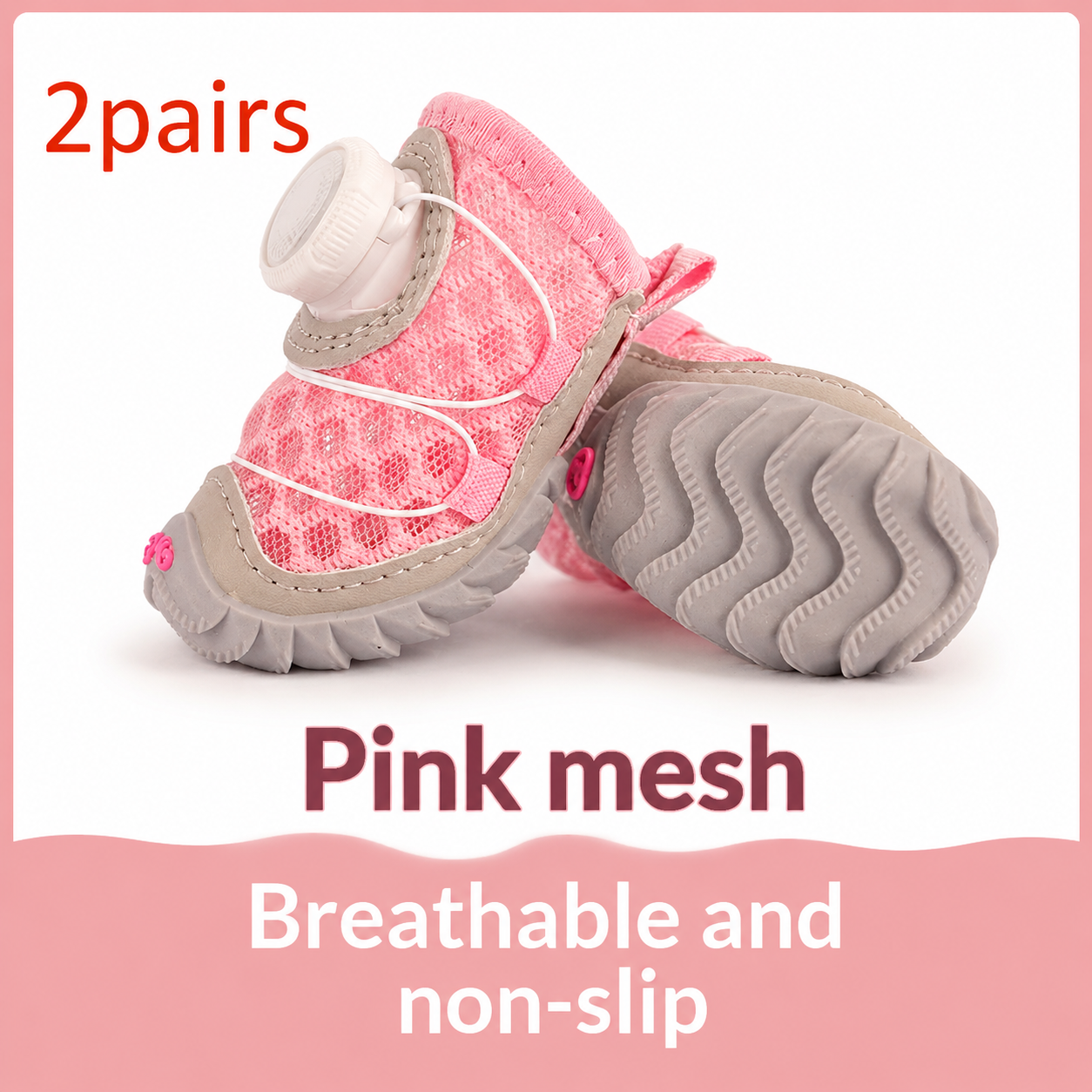 Pink mesh pet shoes with gray soles on a white background