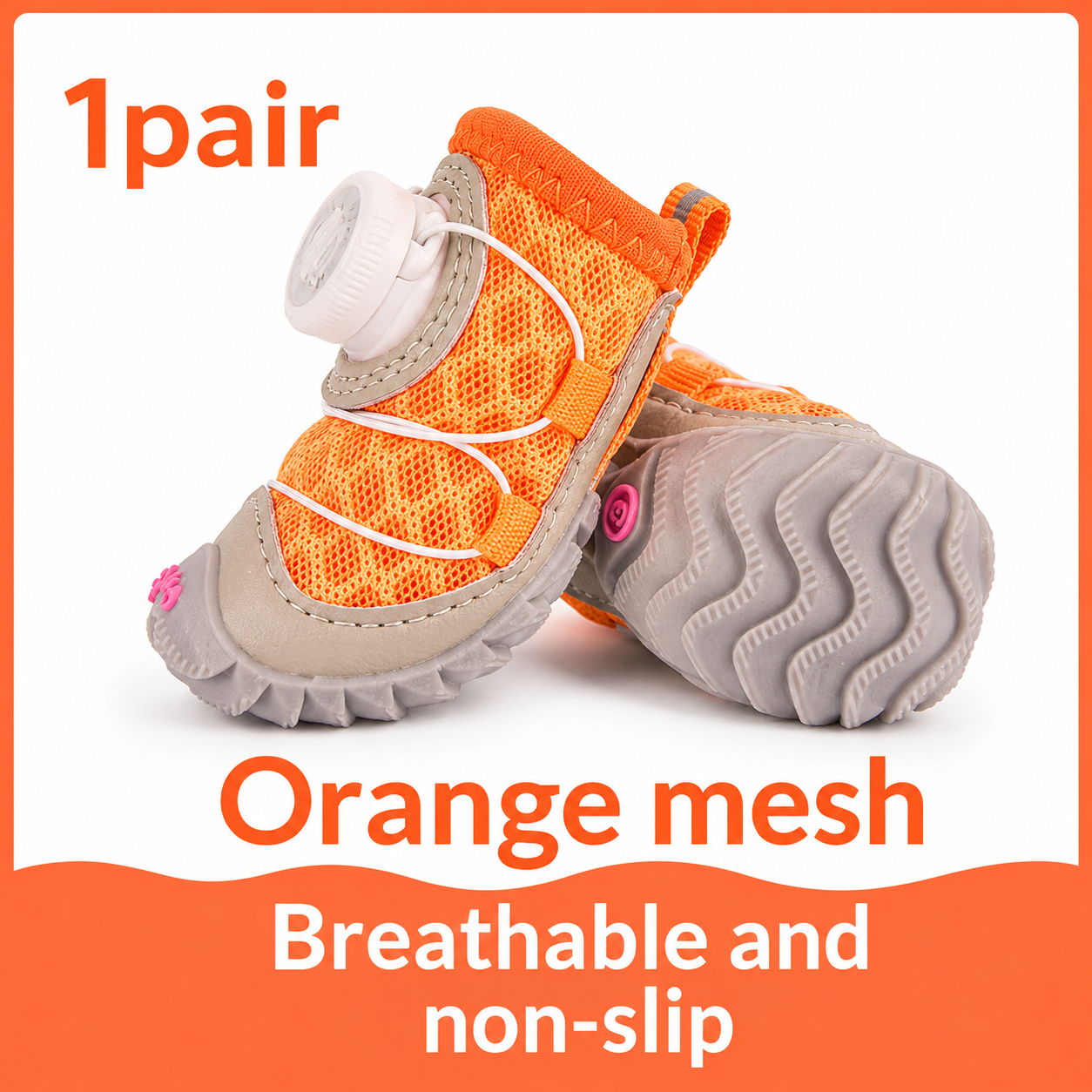 Orange mesh pet shoes with gray soles on a white background