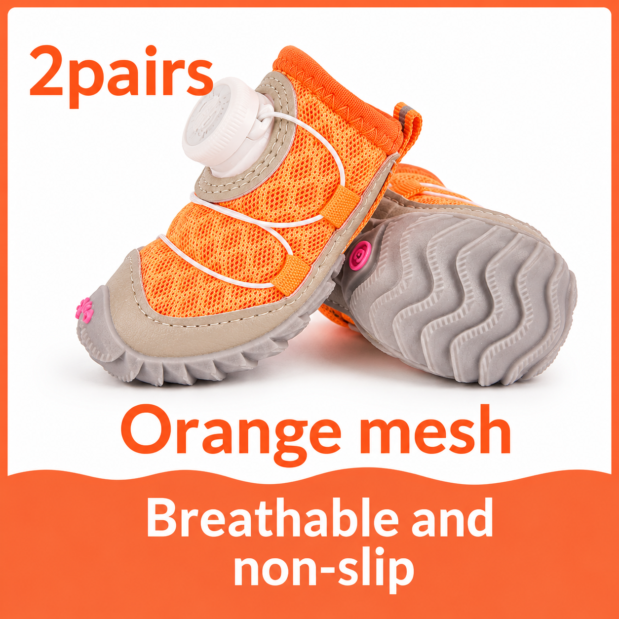 Orange mesh dog shoes with gray soles on a white background, labeled as 2 pairs.