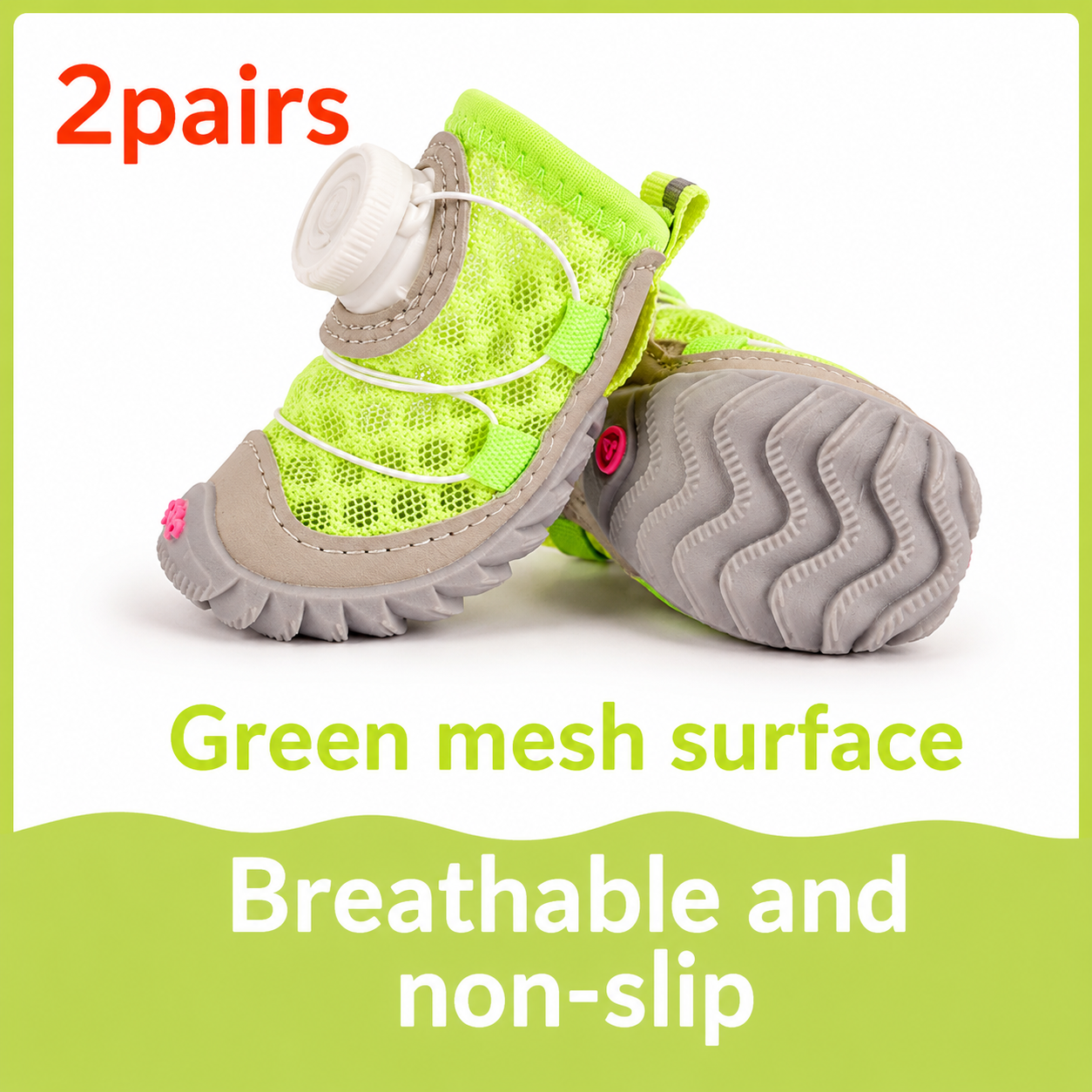 Green mesh dog shoes with gray soles on a white background
