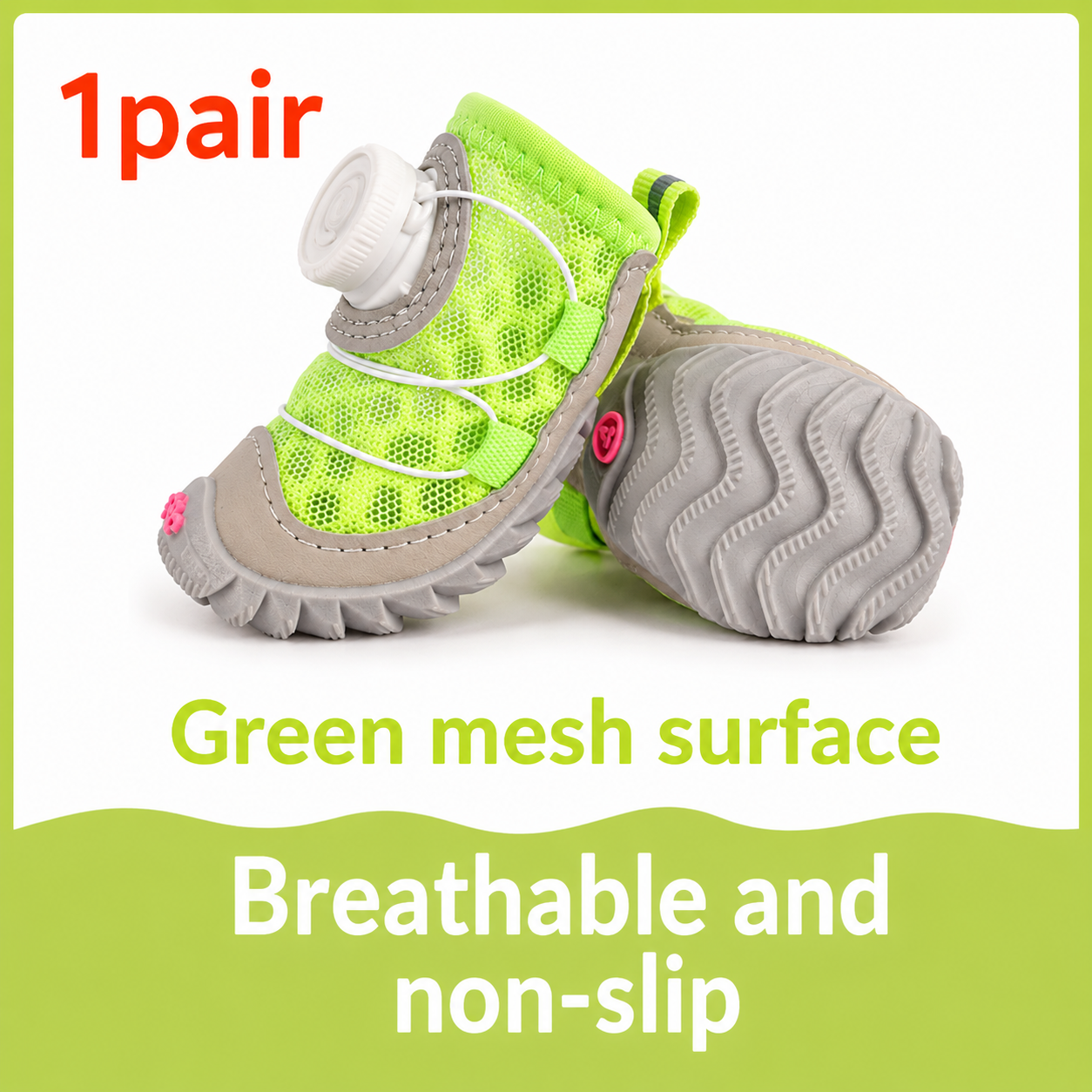 Pair of green mesh pet shoes with gray soles on a white background