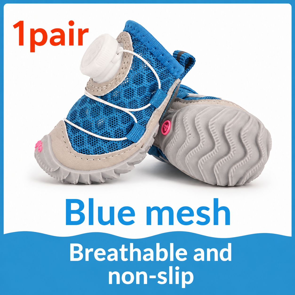 Pair of blue mesh pet shoes with text highlighting features on a white background