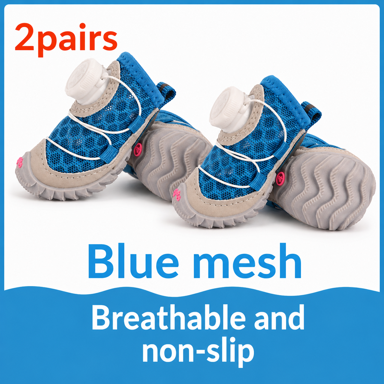 Pair of blue mesh pet boots with text indicating '2 pairs', 'Blue mesh', 'Breathable and non-slip' on a white background.