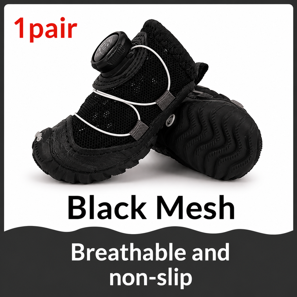 Pair of black mesh pet boots with text indicating '1pair' and features on a white background.