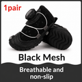 Pair of black mesh pet boots with text indicating '1pair' and features on a white background.