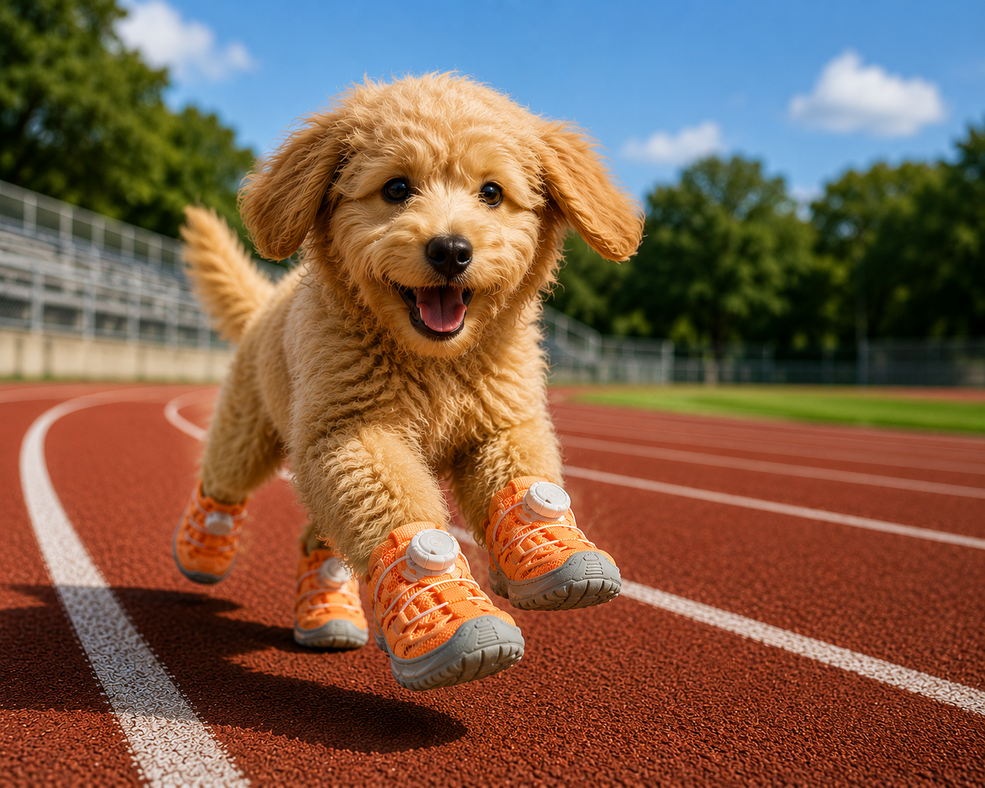 Puppy running on a track wearing orange shoes with a clear sky and greenery in the background