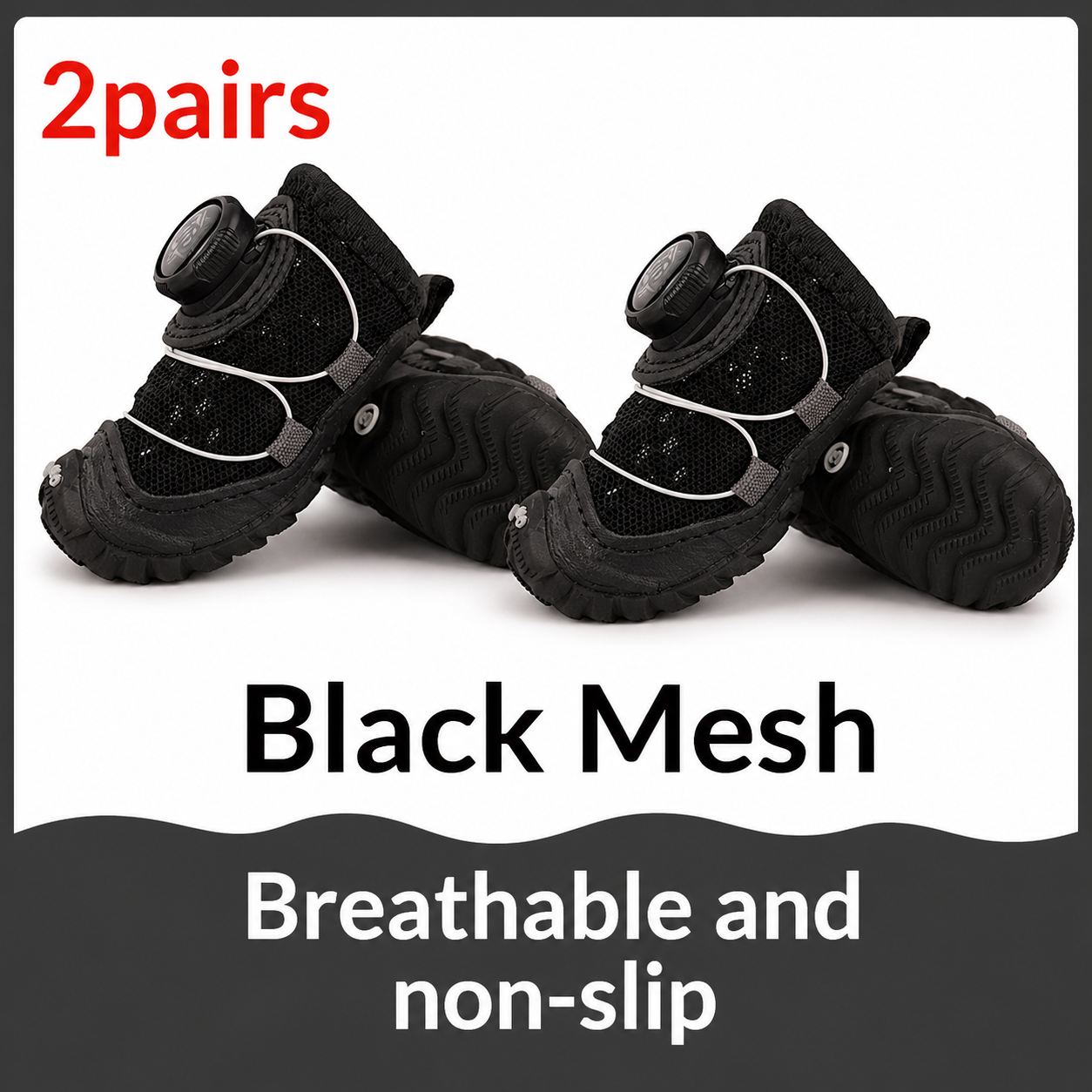 Two pairs of black mesh pet boots on a white background with text indicating '2 pairs' and product features.