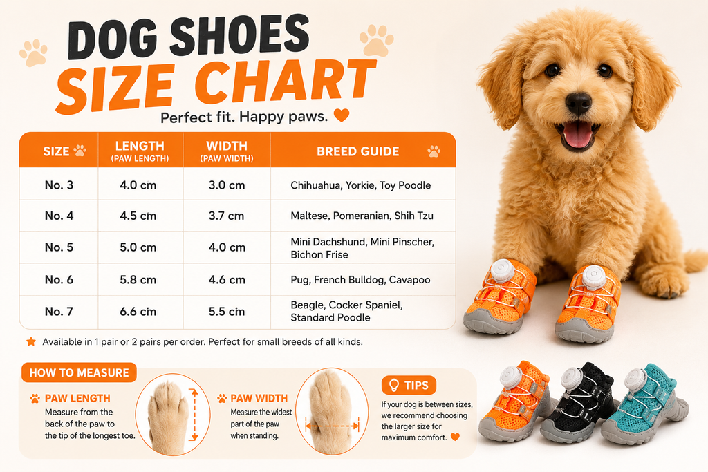 Dog shoes size chart with a puppy wearing shoes on a white background