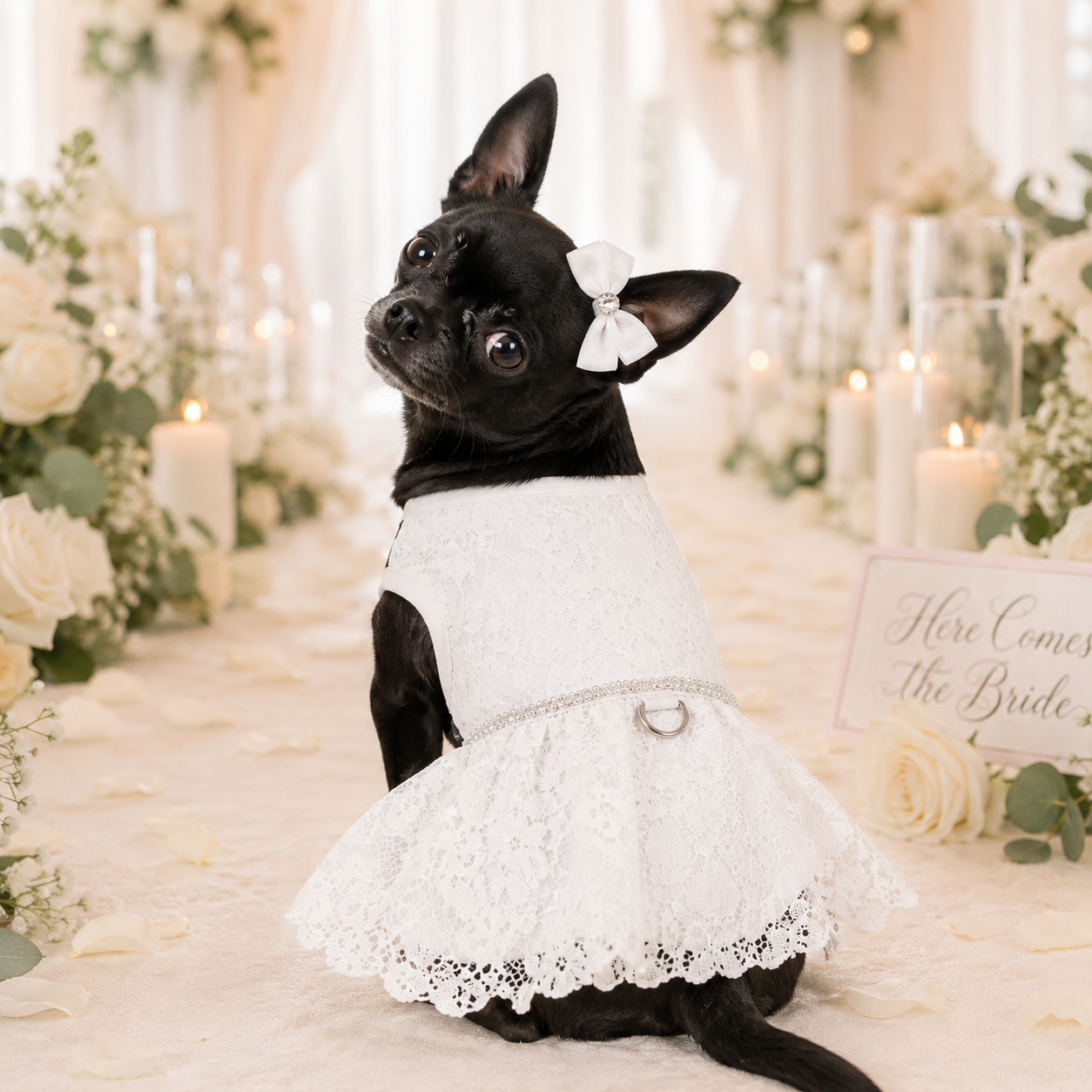 White Lace Dog Wedding Dress with Matching Leash