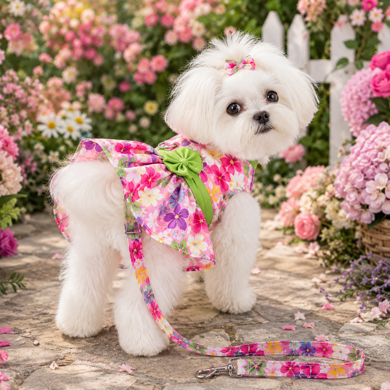 Small white dog wearing a colorful floral dress and leash in a garden setting.