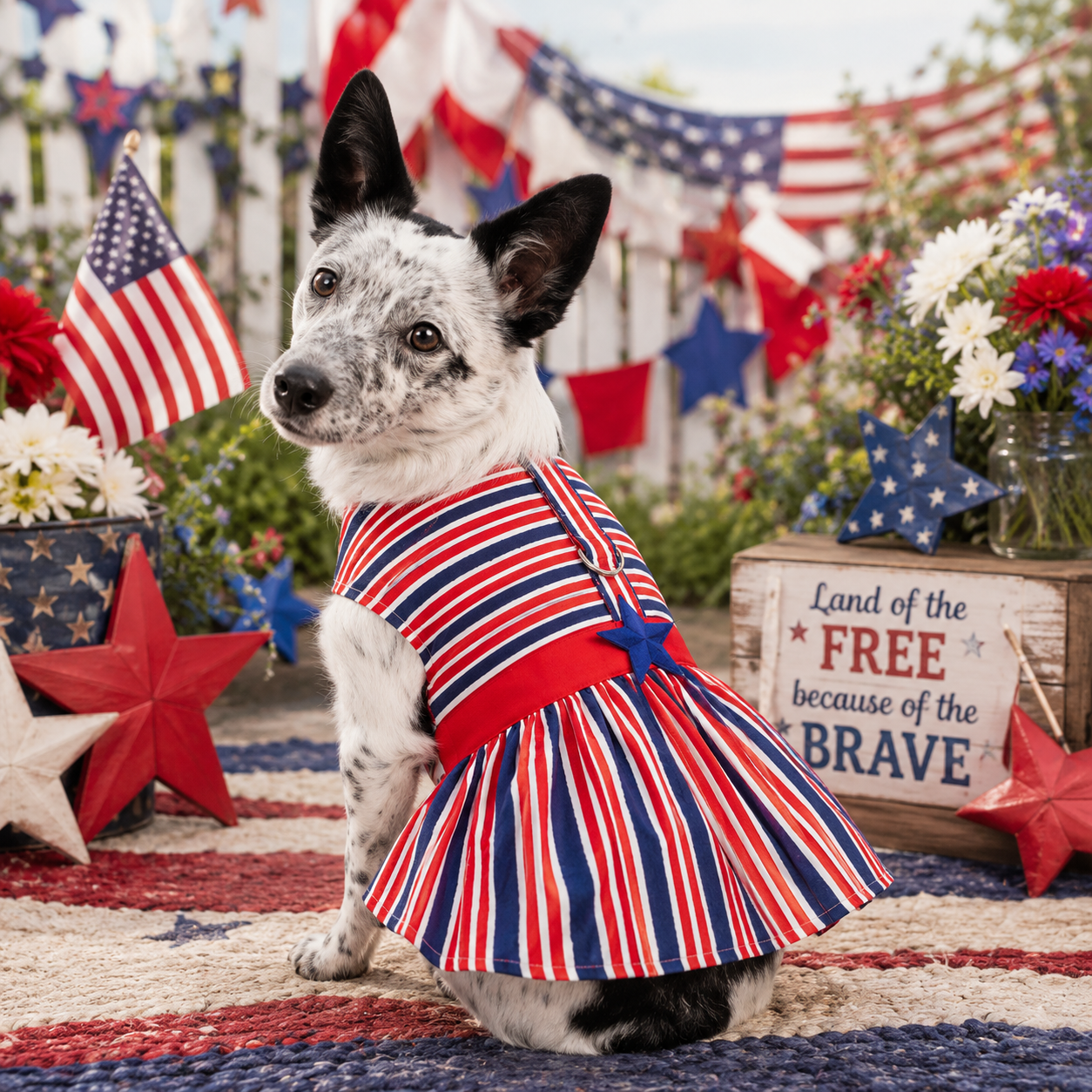 Dog wearing a red, white, and blue dress in a patriotic setting with American flags and flowers.