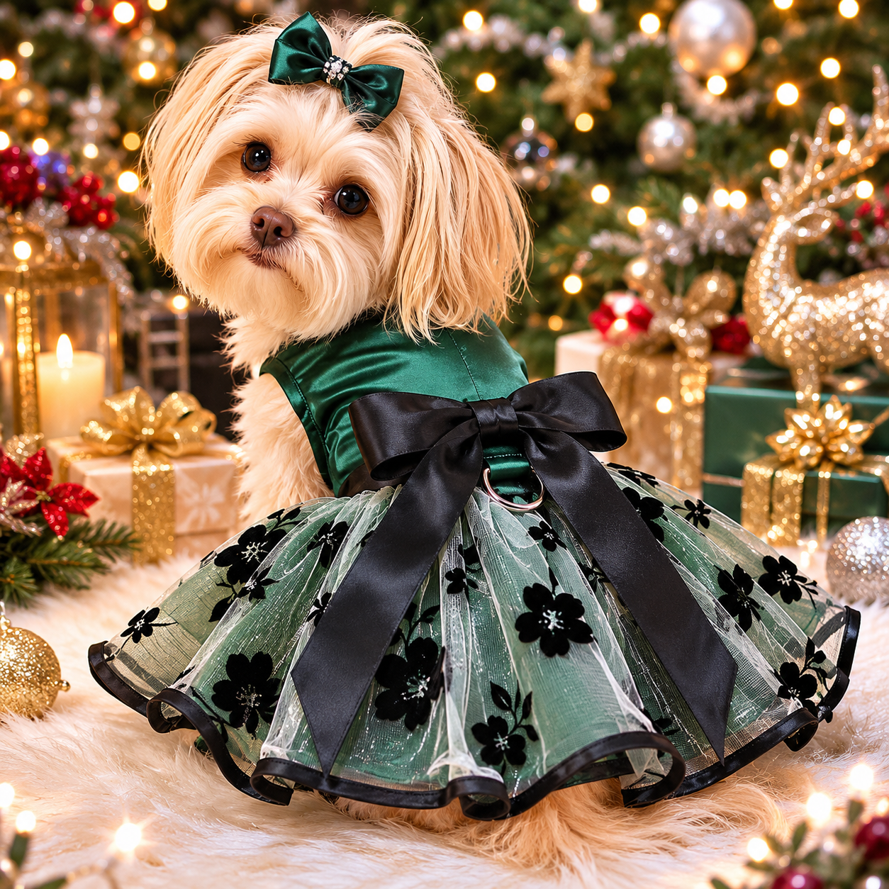 Dog in a holiday party green dress with black flowers and a bow, surrounded by Christmas decorations.