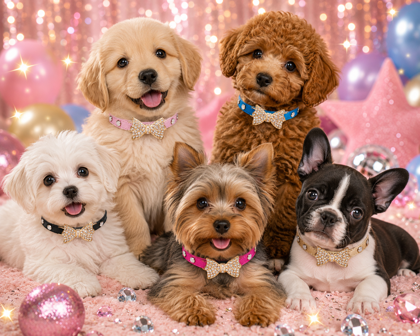 Five puppies with decorative collars on a festive background with balloons and sparkles.