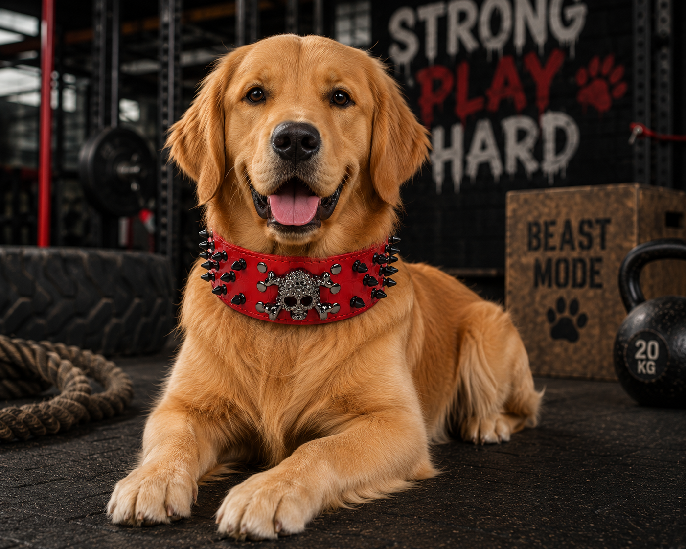 Golden retriever wearing a red collar with a skull design in a gym setting.