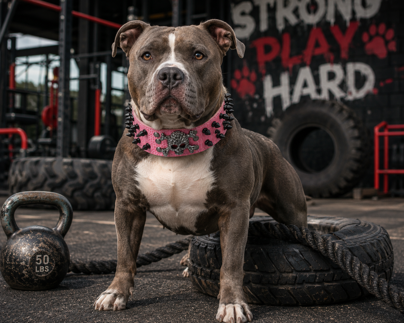 Dog wearing a pink collar with black paw prints in an outdoor setting with gym equipment.