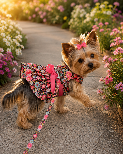 Small dog in a floral outfit walking on a path with flowers in the background
